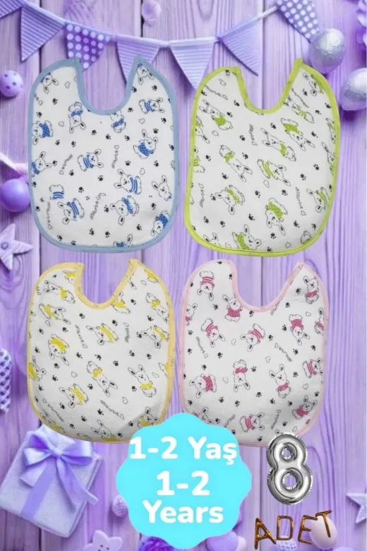M45 Bebek % 100 Cotton Arkası Muşambalı Su Geçirmez Renkli Mama Önlüğü 8'li Set 1-2 Yaş