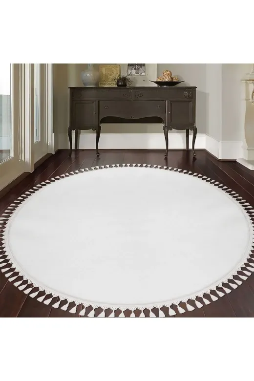 Minas Home HN5001 Yuvarlak Comfort Puffy Ponpon Saçaklı Peluş Halı Beyaz Mns