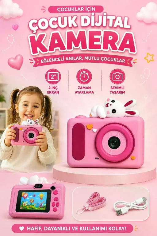 Mini Çocuk Kamerası 2 İnç Ekranlı Fotoğraf Video Çekimli Şarjlı Silikon Korumalı Dijital Kamera