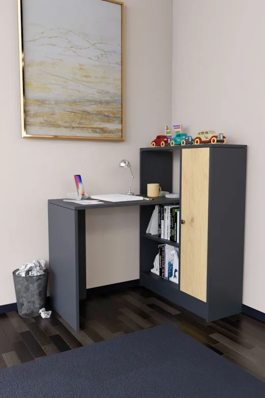 Mirobi MRB-DRT-KTPLK-CLMA-MS Drithe Modern Dolaplı Kitaplıklı Çalışma Masası Antrasit-Çam