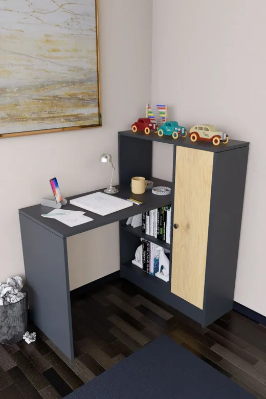 Mirobi MRB-DRT-KTPLK-CLMA-MS Drithe Modern Dolaplı Kitaplıklı Çalışma Masası Antrasit-Çam