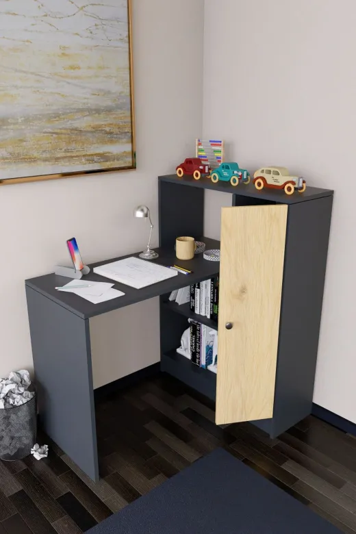 Mirobi MRB-DRT-KTPLK-CLMA-MS Drithe Modern Dolaplı Kitaplıklı Çalışma Masası Antrasit-Çam