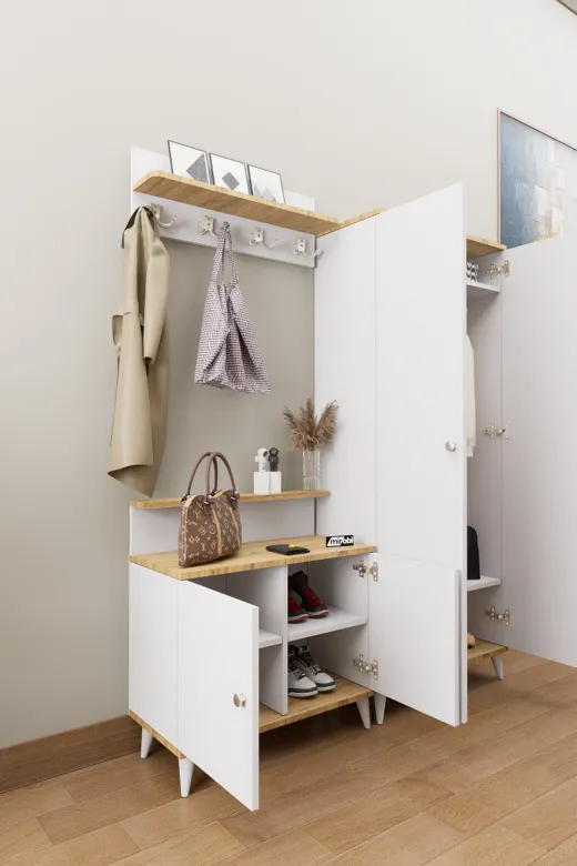 Mirobi Mrb-Lft-Vest-Tk-ByzAnt Loft Vestiyer Takımı Askılıklı 2 Kapaklı Ayakkabılık Dolabı Beyaz Çam