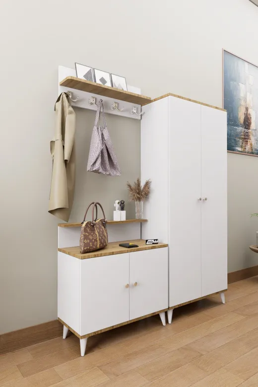 Mirobi Mrb-Lft-Vest-Tk-ByzAnt Loft Vestiyer Takımı Askılıklı 2 Kapaklı Ayakkabılık Dolabı Beyaz Çam