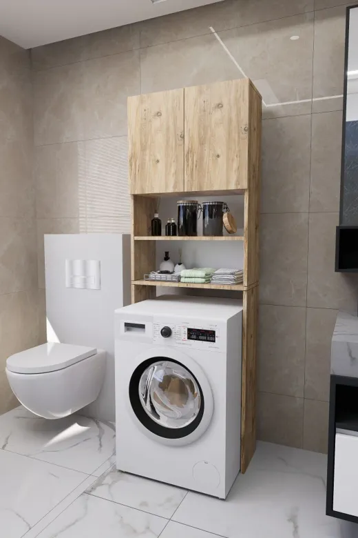 Mirobi MRB-LK-ÇMŞR-MNK-DLB Luka Çamaşır Makinesi Üstü Çok Amaçlı Banyo Dolabı Kapaklı Ve Raflı, Depolama Alanı, Çam