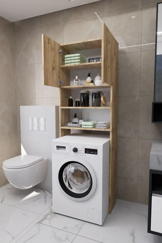Mirobi MRB-LK-ÇMŞR-MNK-DLB Luka Çamaşır Makinesi Üstü Çok Amaçlı Banyo Dolabı Kapaklı Ve Raflı, Depolama Alanı, Çam
