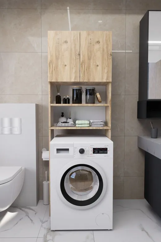 Mirobi MRB-LK-ÇMŞR-MNK-DLB Luka Çamaşır Makinesi Üstü Çok Amaçlı Banyo Dolabı Kapaklı Ve Raflı, Depolama Alanı, Çam