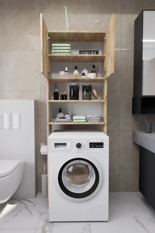 Mirobi MRB-LK-ÇMŞR-MNK-DLB Luka Çamaşır Makinesi Üstü Çok Amaçlı Banyo Dolabı Kapaklı Ve Raflı, Depolama Alanı, Çam