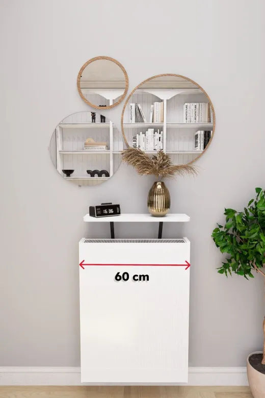 Mirobi MRB-SRVL-KLFR-RF-60 Soravel Petek Üstü Uçan Raf Dresuar Kalorifer Peteği Rafı 60 X 18 Cm Beyaz