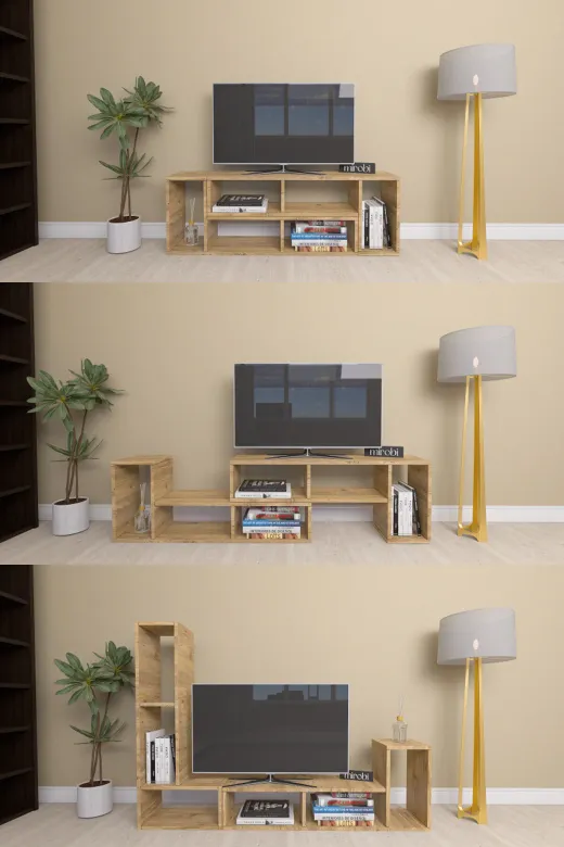 Mirobi Mrb-Tv-Shp-Fnks Çok Şekilli Fonksiyonel Tv Sehpası, Dekoratif Sehpa-Kitaplık, Blok Tv Ünitesi, Çam