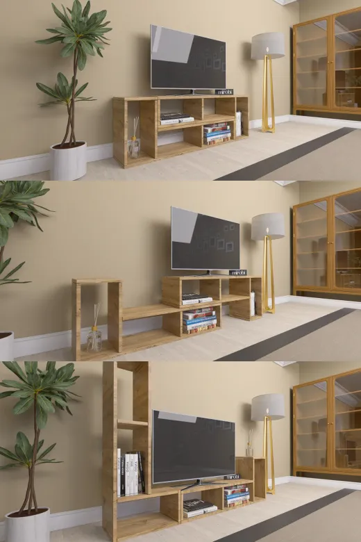 Mirobi Mrb-Tv-Shp-Fnks Çok Şekilli Fonksiyonel Tv Sehpası, Dekoratif Sehpa-Kitaplık, Blok Tv Ünitesi, Çam