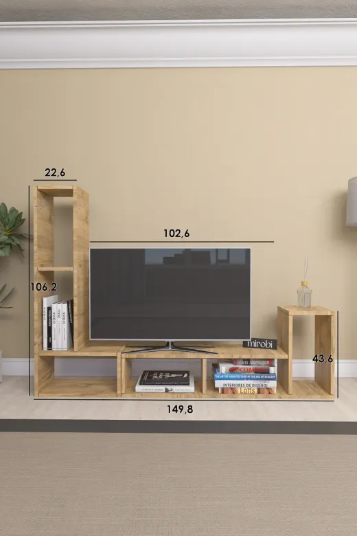Mirobi Mrb-Tv-Shp-Fnks Çok Şekilli Fonksiyonel Tv Sehpası, Dekoratif Sehpa-Kitaplık, Blok Tv Ünitesi, Çam