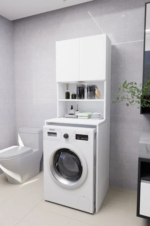 Mirobi MRB-VRN-ÇMŞ-MKN-DLP Verani Çamaşır Makinesi Dolabı Banyo Kiler Çift Kapaklı Arkalıklı Dolap Beyaz 180X65X30