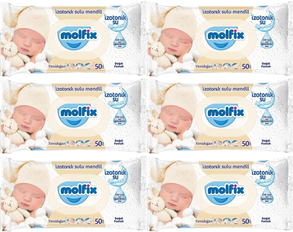 Molfix Islak Havlu Mendil İzotonik Yeni Doğan 6 Lı Set 50 Yaprak Pamuklu Plastik Kapaklı