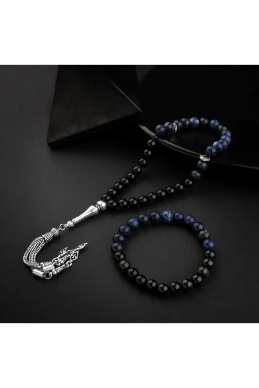 MuhammedMasumCo PRA-13417307-6758 Obsidyen & Dumortierit Doğal Taş Tesbih & Bileklik Seti – Özel Tasarım