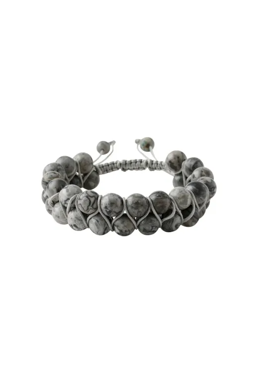MuhammedMasumCo PRA-13417319-3198 Gri Jasper 8 Mm Çift Sıra Makrome Doğal Taş Bileklik