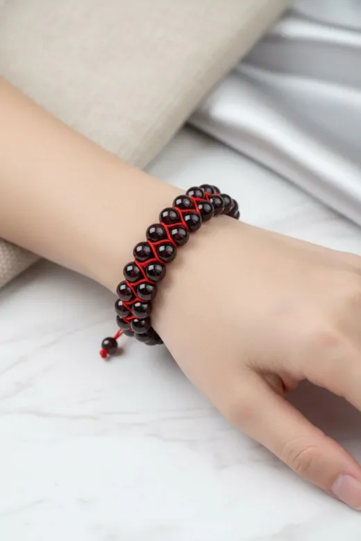 MuhammedMasumCo PRA-13417328-3531 Bordo Granat (Lal) 8 Mm Çift Sıra Makrome Doğal Taş Bileklik