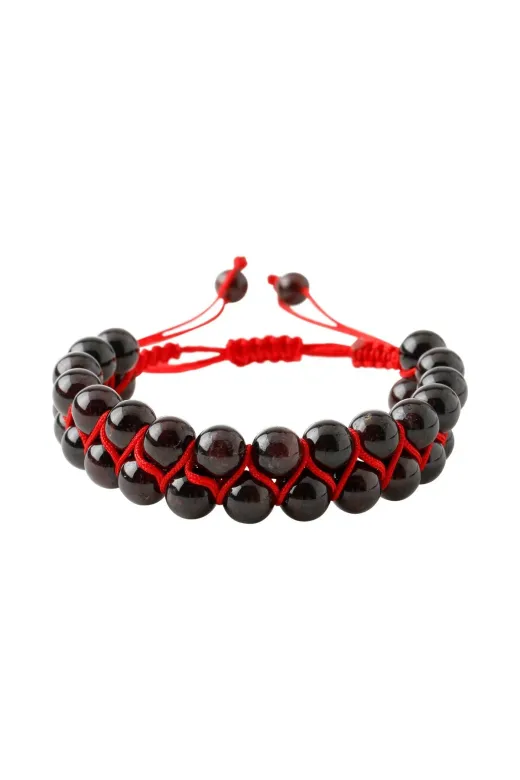 MuhammedMasumCo PRA-13417328-3531 Bordo Granat (Lal) 8 Mm Çift Sıra Makrome Doğal Taş Bileklik