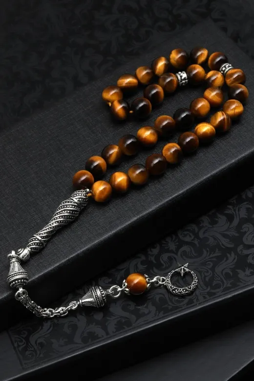 MuhammedMasumCo PRA-13508973-0384 Kaplan Gözü Doğal Taş Tesbih 925 Ayar Gümüş – 8 Mm Küre Kesim | 33’Lü
