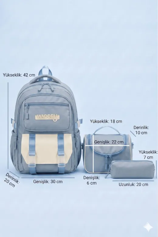MY VİNTAGE 26101. Lisanslı Twill Kumaş Niss Model Mavi Okul Sırt Çantası,termal Beslenme Çantası Ve Kalemlik