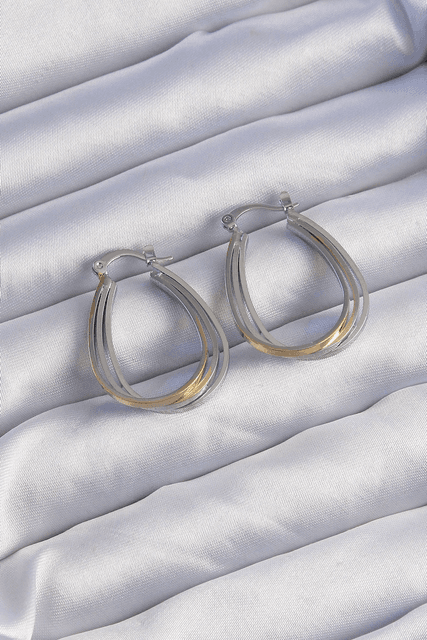 Nehir BKP9223-BLNC Pirinç Gold Gümüş Renkli Oval Çoklu Görünümlü Küpe Altın
