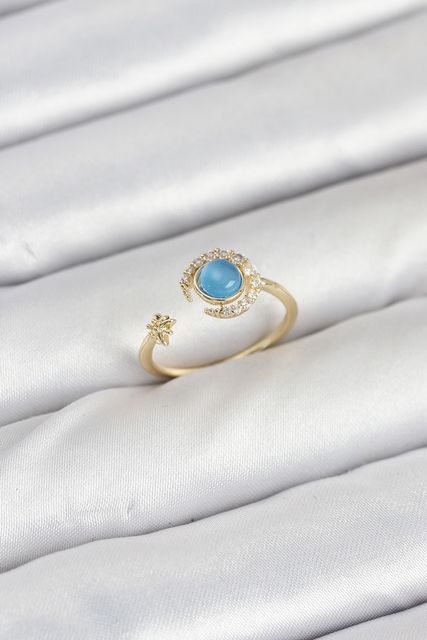 nolva BYK3860-BLNC Pirinç Gold Renk Zirkon Taşlı Ay Yıldız Kadın Yüzük Çok Renkli
