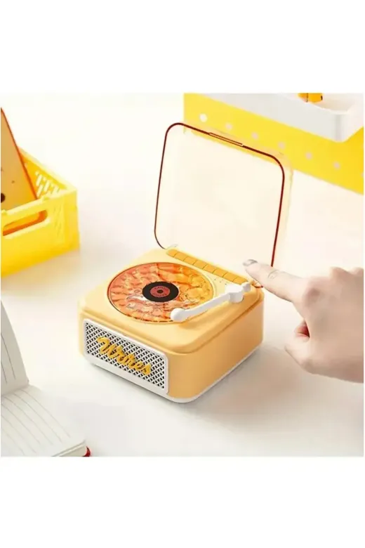 Nostalji Mini Plak Görünümlü Radyolu Bluetooth Hoparlör 3D Ses Dalgası Retro Müzik Plak Sarı