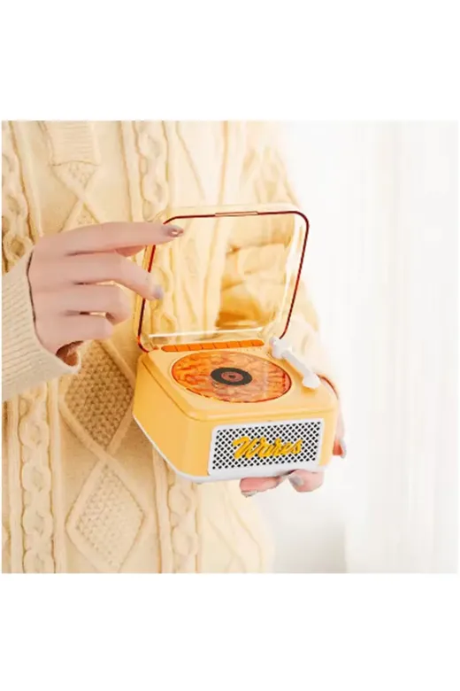 Nostalji Mini Plak Görünümlü Radyolu Bluetooth Hoparlör 3D Ses Dalgası Retro Müzik Plak Sarı
