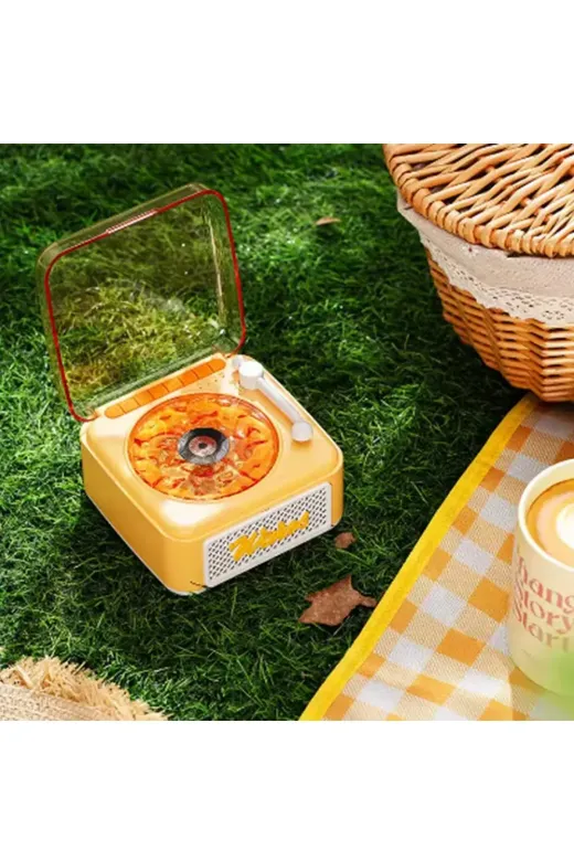 Nostalji Mini Plak Görünümlü Radyolu Bluetooth Hoparlör 3D Ses Dalgası Retro Müzik Plak Sarı