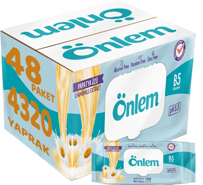 Önlem Islak Havlu Mendil 90 Yaprak Papatya Özü (48 Li Set) Plastik Kapaklı 4320 Yaprak
