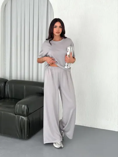 Osy Modal Yumuşak Dokulu Kumaş Bisiklet Yaka T-shirt Bol Paça Pantalon Ikili Takım - Boyalı Gri - L - Boyalı Gri