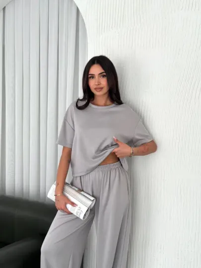 Osy Modal Yumuşak Dokulu Kumaş Bisiklet Yaka T-shirt Bol Paça Pantalon Ikili Takım - Boyalı Gri - L - Boyalı Gri