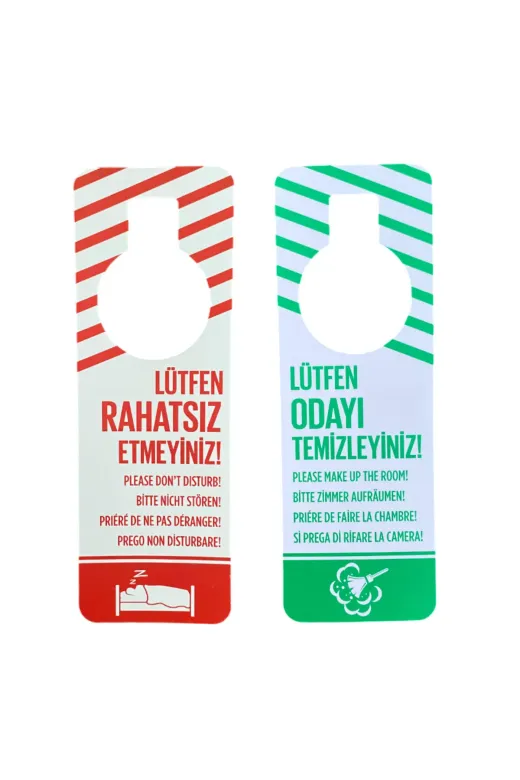 otel bukleti dndkartbuklet1 Çift Taraflı Dnd Kapı Kolu Kartı (Rahatsız Etmeyin Odayı Temizleyin) Otel Odası Kapı Askısı