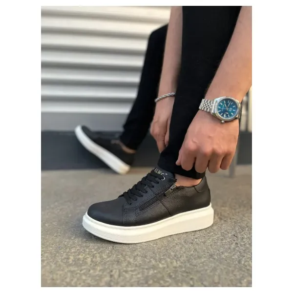 Pabucmarketi Siyah (Beyaz Taban) Bağcıklı Fermuarlı Erkek Sneaker