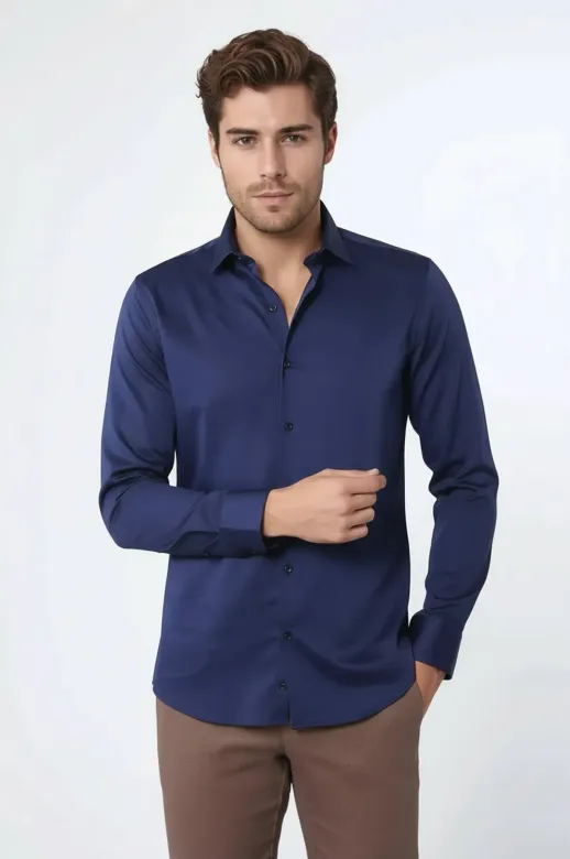 Pamuk Saten Slimfit Lacivert Erkek Gömlek - Wessi - M / Lacivert
