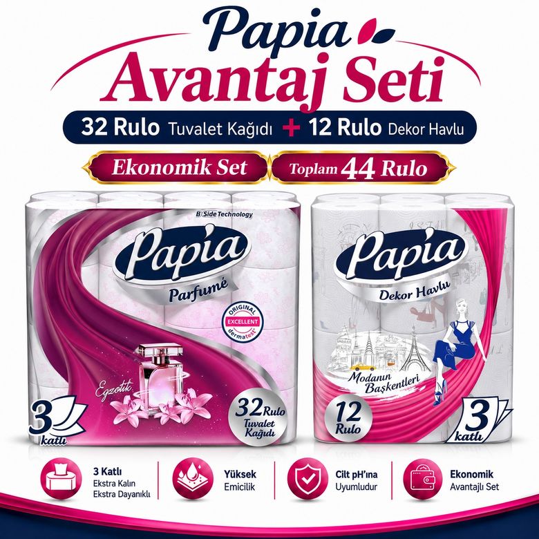 Papia Tuvalet Kağıdı (3 Katlı) 32 Li Pk Egzotik Parfümlü + 12 Li Paket Kağıt Havlu Decor Desenli