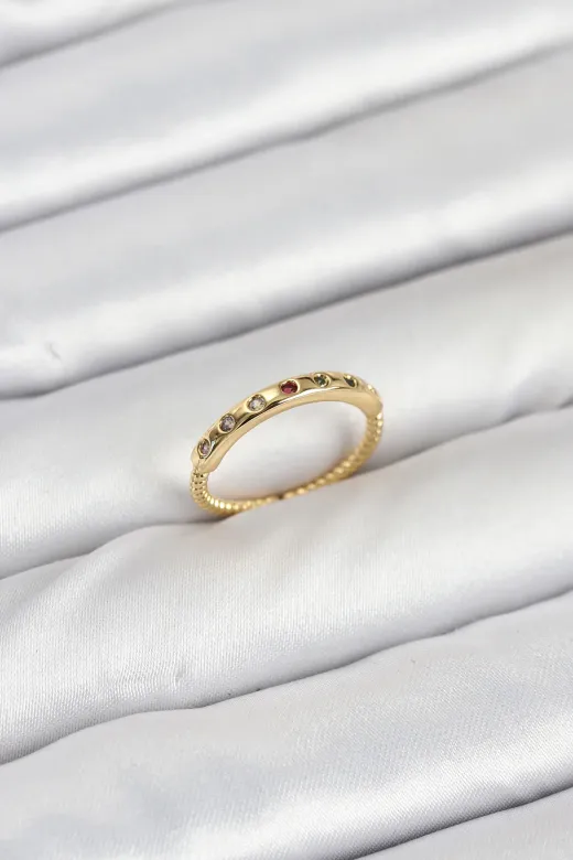 Pirinç Gold Renk Renkli Zirkon Taşlı Kadın Yüzük TJ-BYK3884