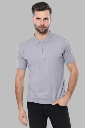 Polo Yaka Düz Gri Örme T-shirt | Wessi