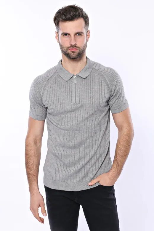 Polo Yaka Fermuarlı Örme Gri T-shirt | Wessi