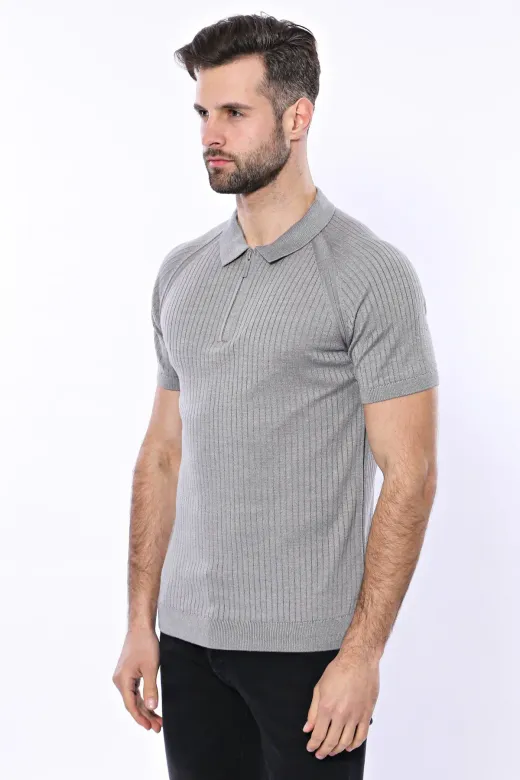 Polo Yaka Fermuarlı Örme Gri T-shirt | Wessi