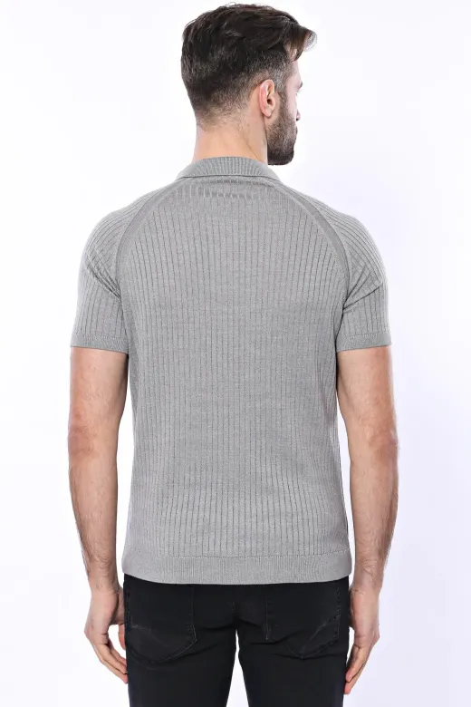 Polo Yaka Fermuarlı Örme Gri T-shirt | Wessi