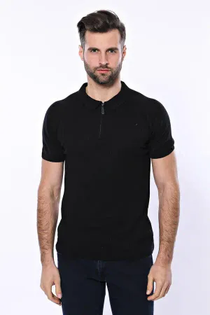 Polo Yaka Fermuarlı Siyah Örme T-shirt | Wessi