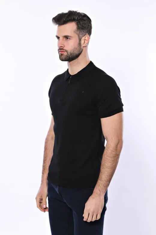 Polo Yaka Fermuarlı Siyah Örme T-shirt | Wessi