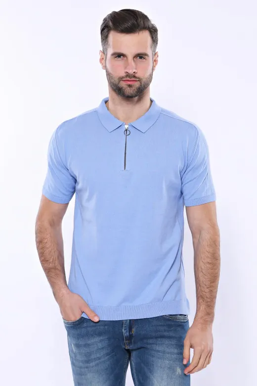 Polo Yaka Mavi Düz Örme T-shirt | Wessi