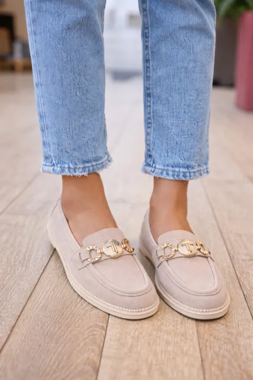 POTEEN C324 Ceku Kadın Süet Tokalı Günlük Loafer Babet Ayakkabı-Bej