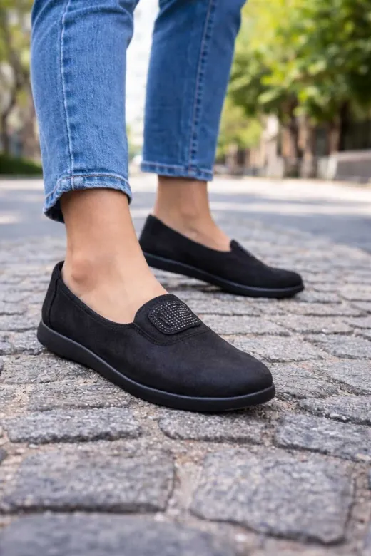 POTEEN Kadın Loafer Yumuşak Gerçek Deri Anatomik Babet Ayakkabı C1001-Siyah