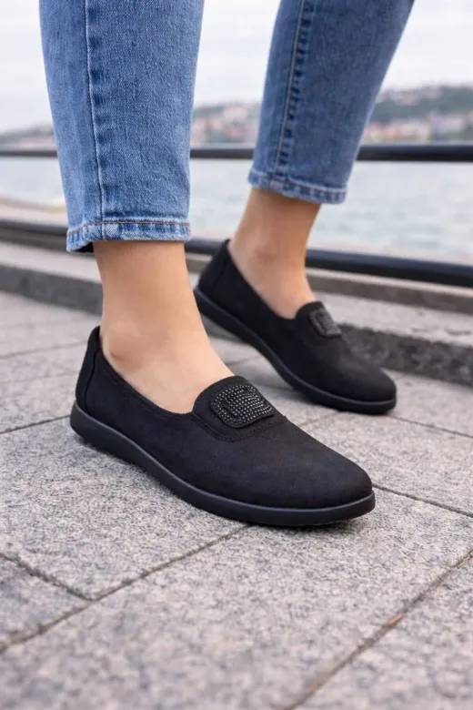 POTEEN Kadın Loafer Yumuşak Gerçek Deri Anatomik Babet Ayakkabı C1001-Siyah