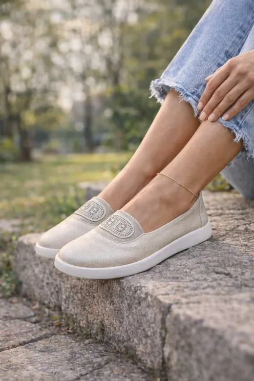 POTEEN Kadın Loafer Yumuşak Gerçek Deri Anatomik Babet Ayakkabı C1001-Altın