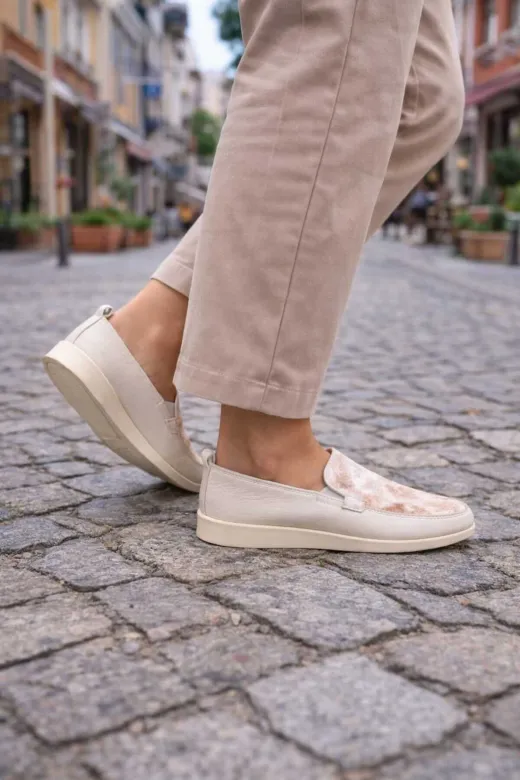 POTEEN Kadın Loafer Yumuşak Gerçek Deri Anatomik Babet Ayakkabı C1002-Bej