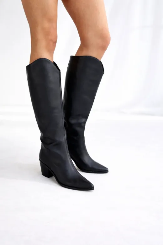 POTEEN Leo Kadın Xl Kesim Geniş Konç Kalın Topuklu Çizme C320-Siyah